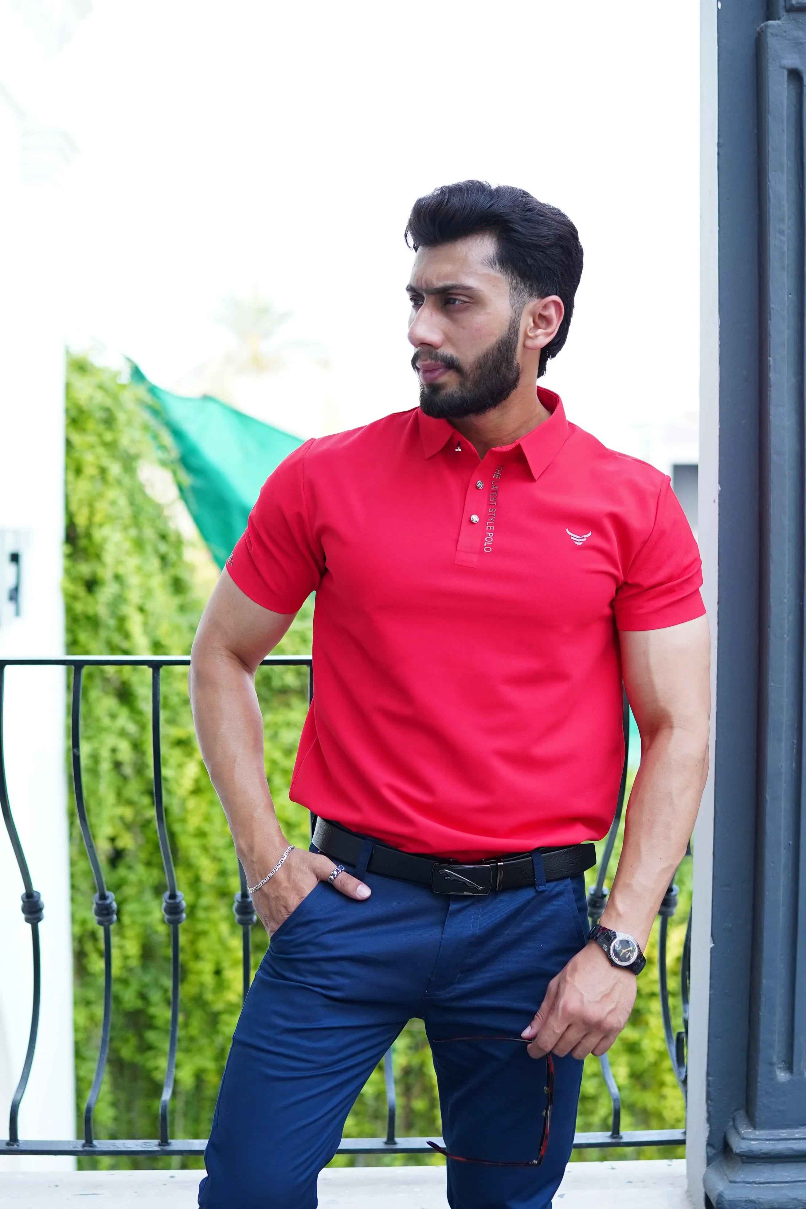 Italian textured seam less Polo Shirts OXT # 03 Red - Image 5