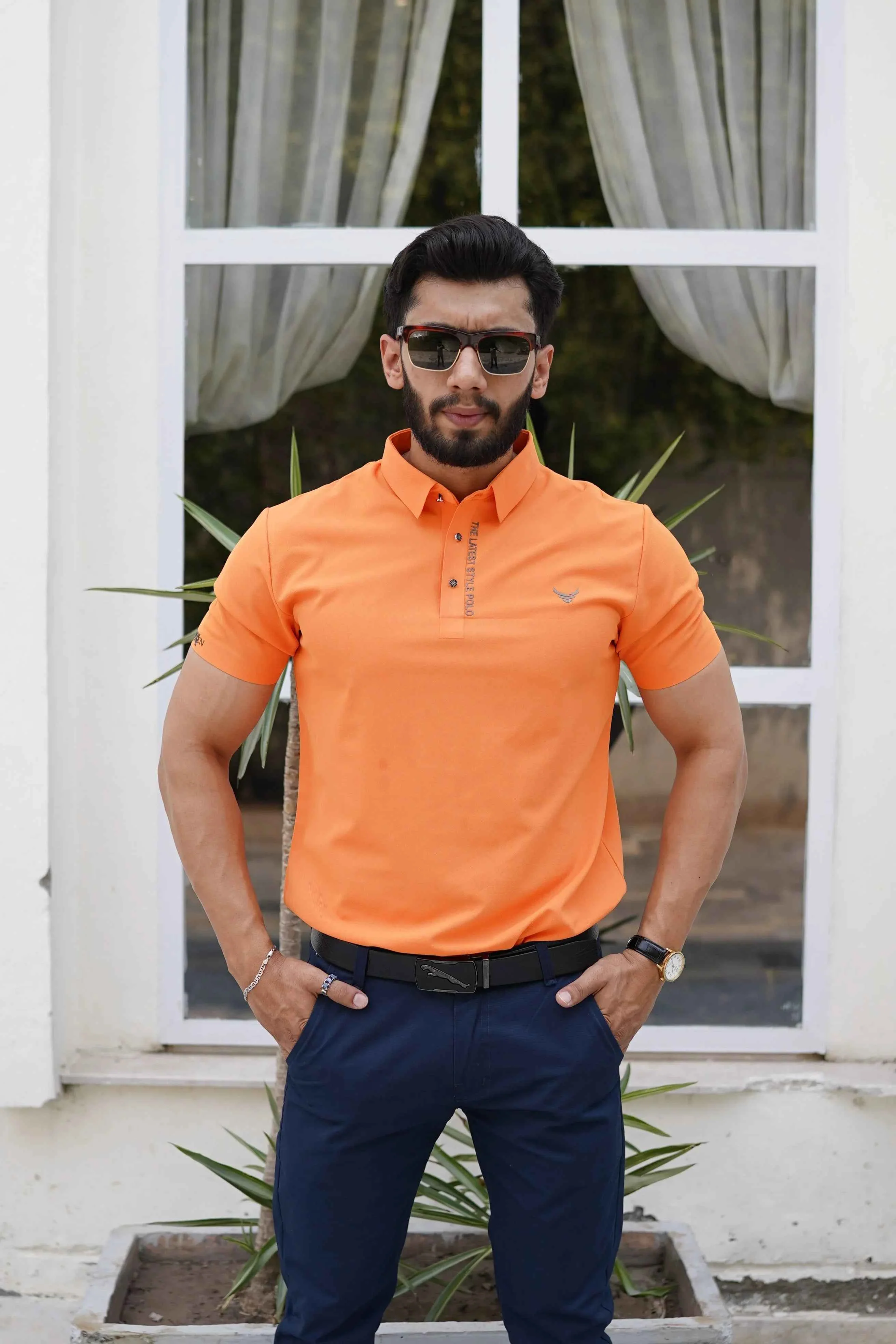 Italian textured seam less Polo Shirts OXT # 05 Orange - Image 3
