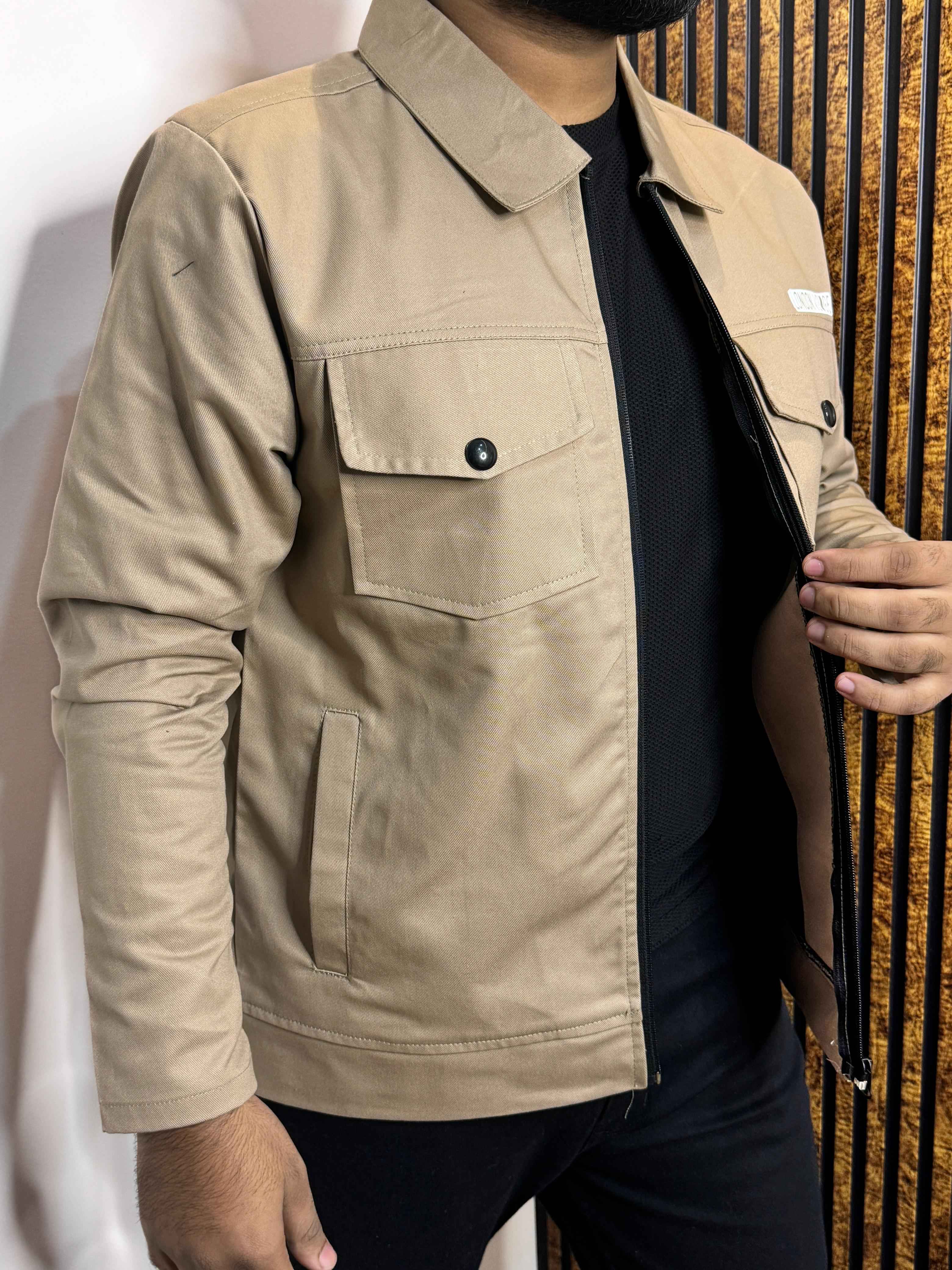 Premium Light Beige Full Sleeves Cotton Jeans Jacket - Image 3