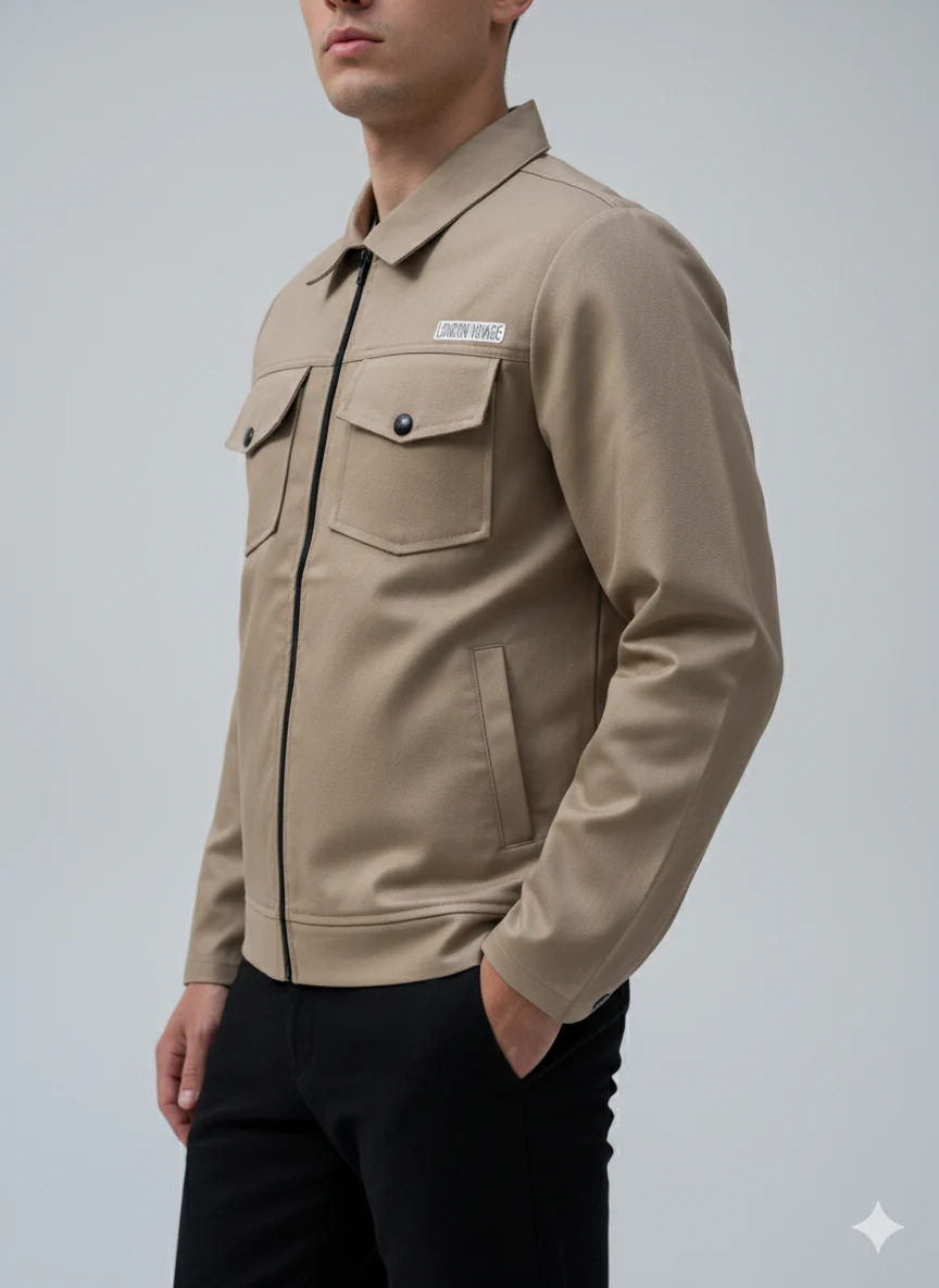 Premium Light Beige Full Sleeves Cotton Jeans Jacket - Image 4