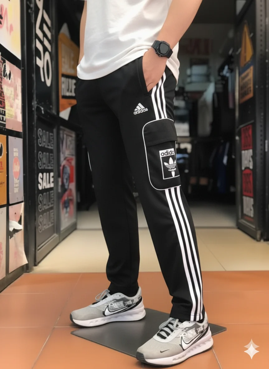 Imported ADDS Black Three Tapes Men's 4 way Stretch-able Lycra Oval Pocket Cargo Trousers - Image 2