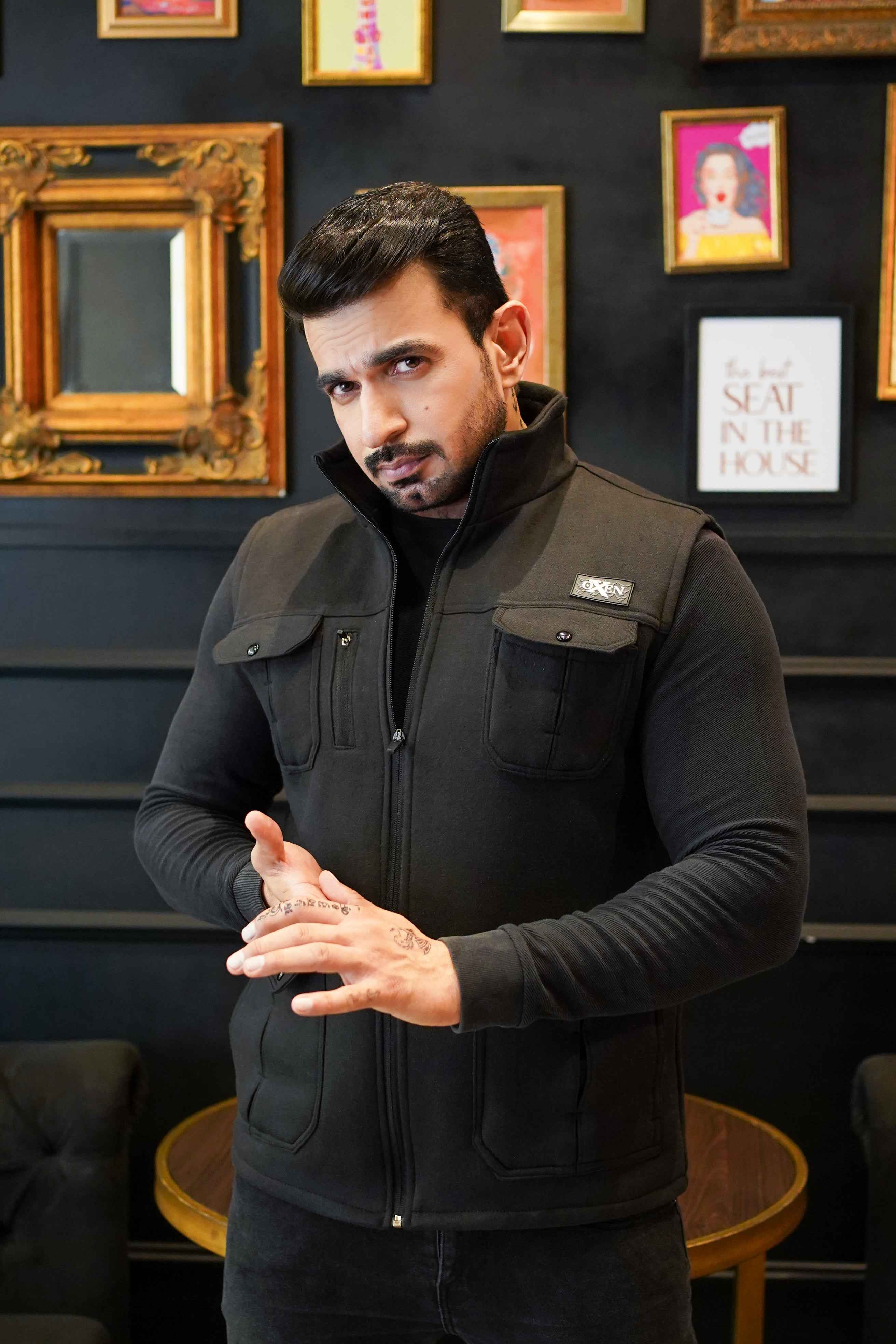 Premium Cotton Fleece Four Pocket sleeveless Jacket Black  Jkt-01 - Image 3