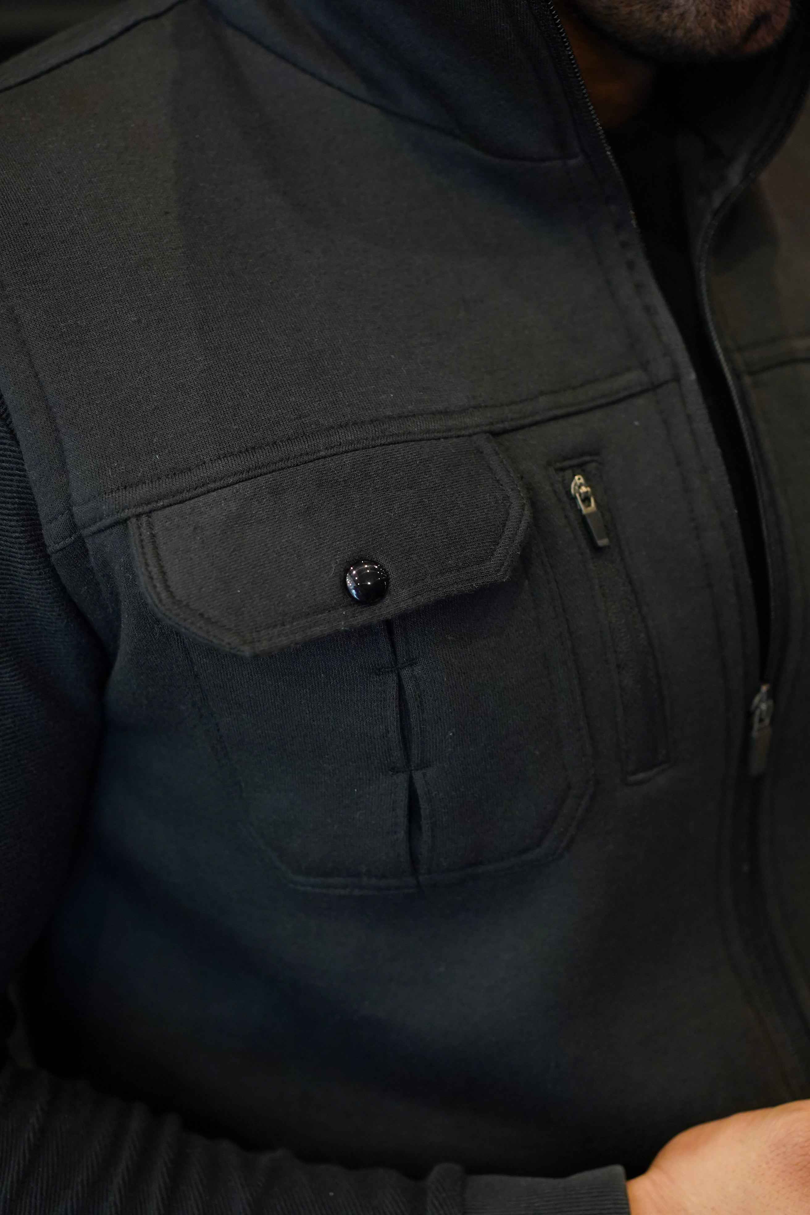 Premium Cotton Fleece Four Pocket sleeveless Jacket Black  Jkt-01 - Image 5