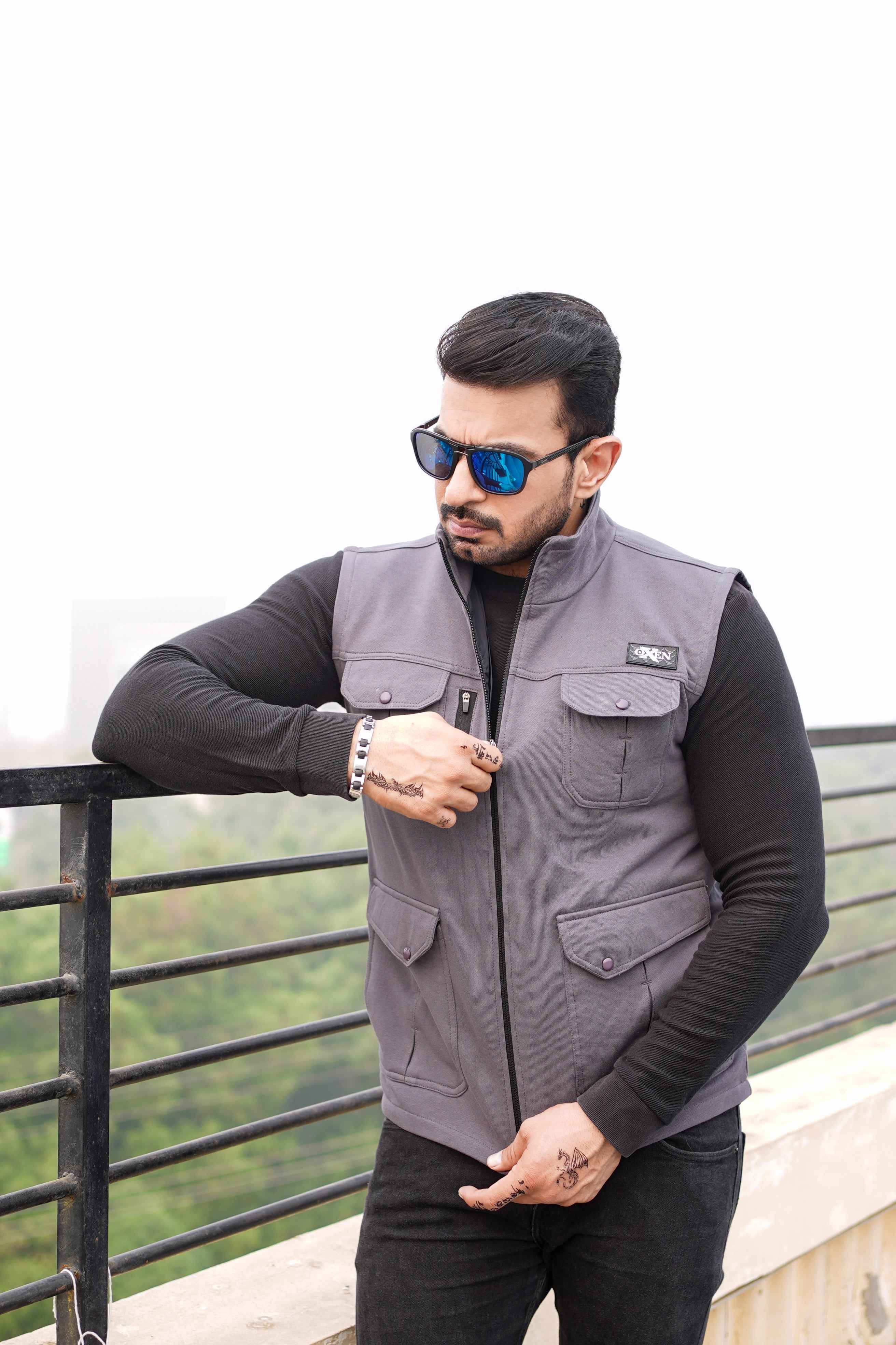 Premium Cotton Fleece Four Pocket sleeveless Jacket Grey  Jkt-02 - Image 3