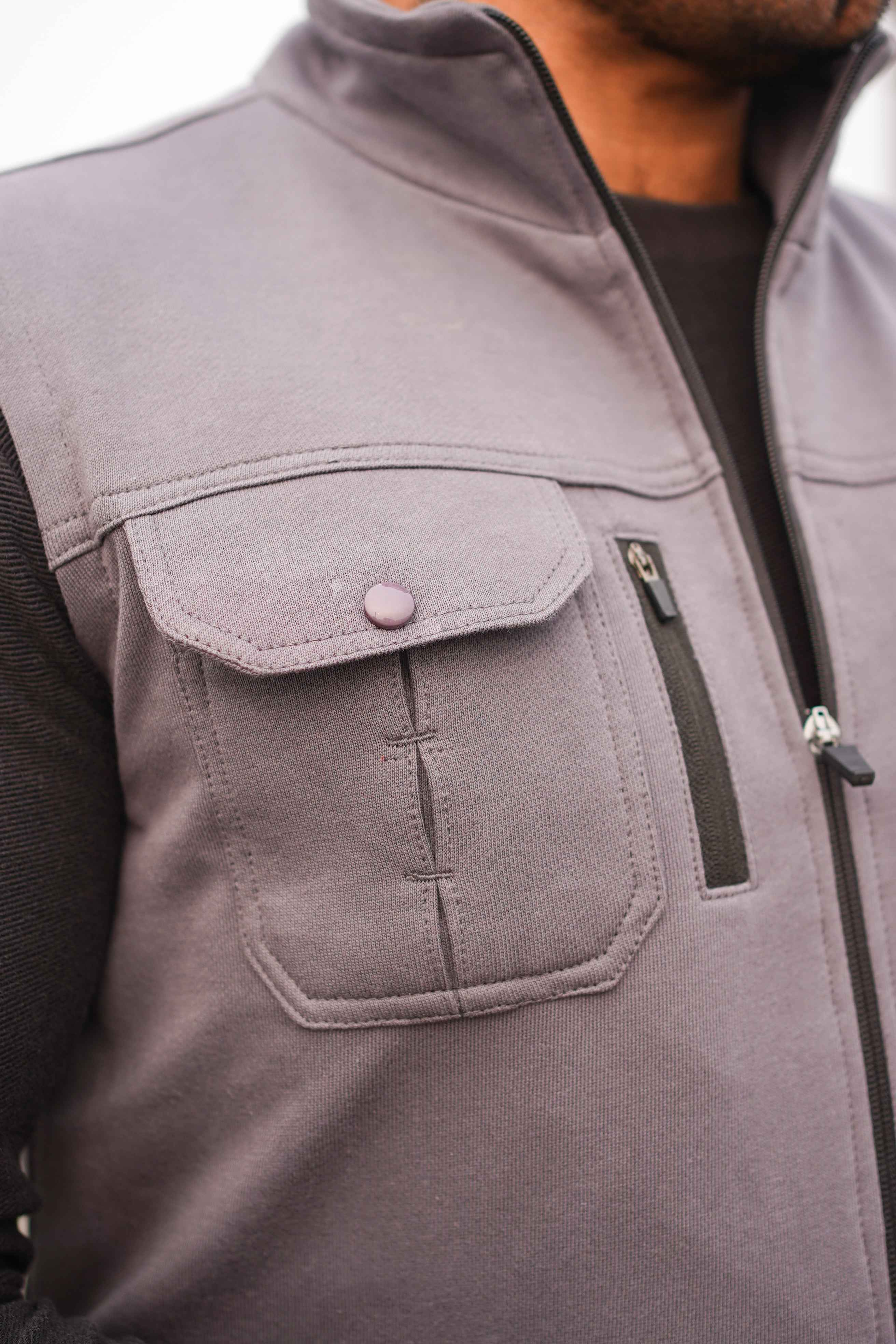 Premium Cotton Fleece Four Pocket sleeveless Jacket Grey  Jkt-02 - Image 5