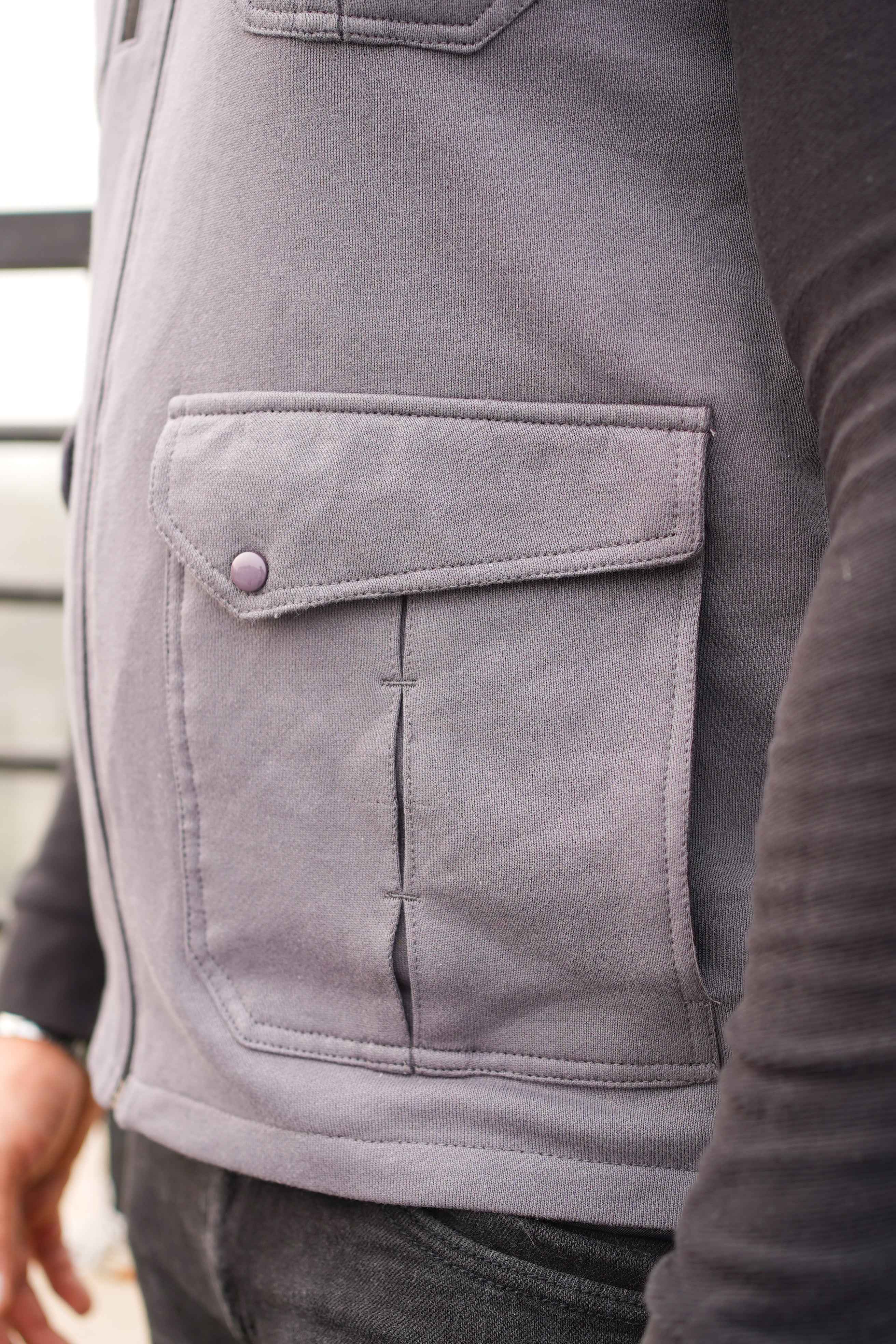 Premium Cotton Fleece Four Pocket sleeveless Jacket Grey  Jkt-02 - Image 6