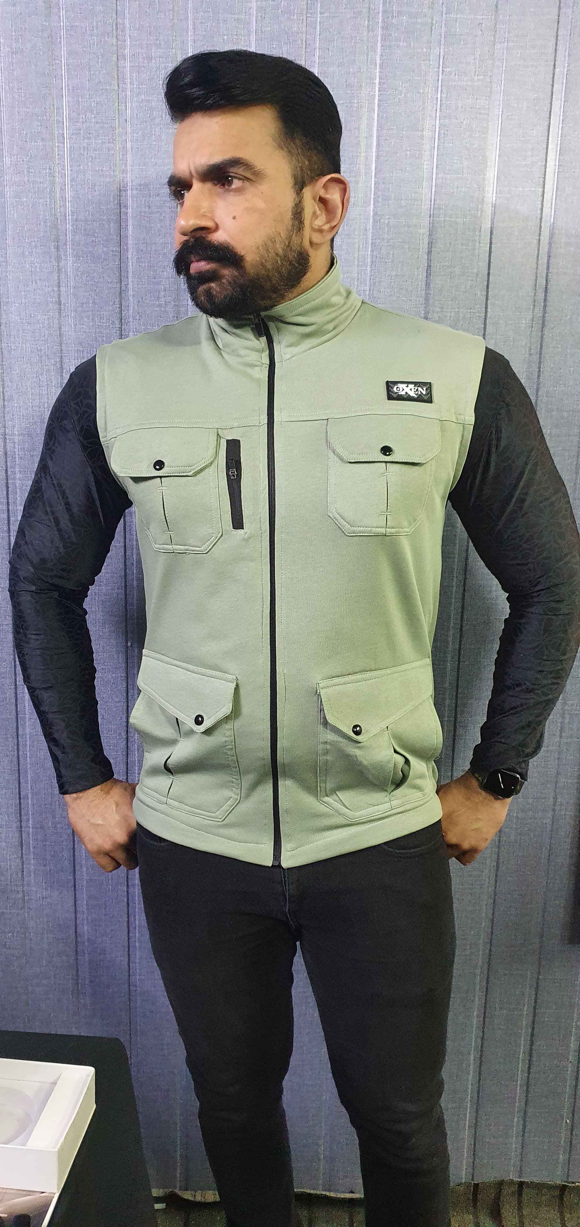 Premium Cotton Fleece Four Pocket sleeveless Jacket Pistachio 15 - Image 2