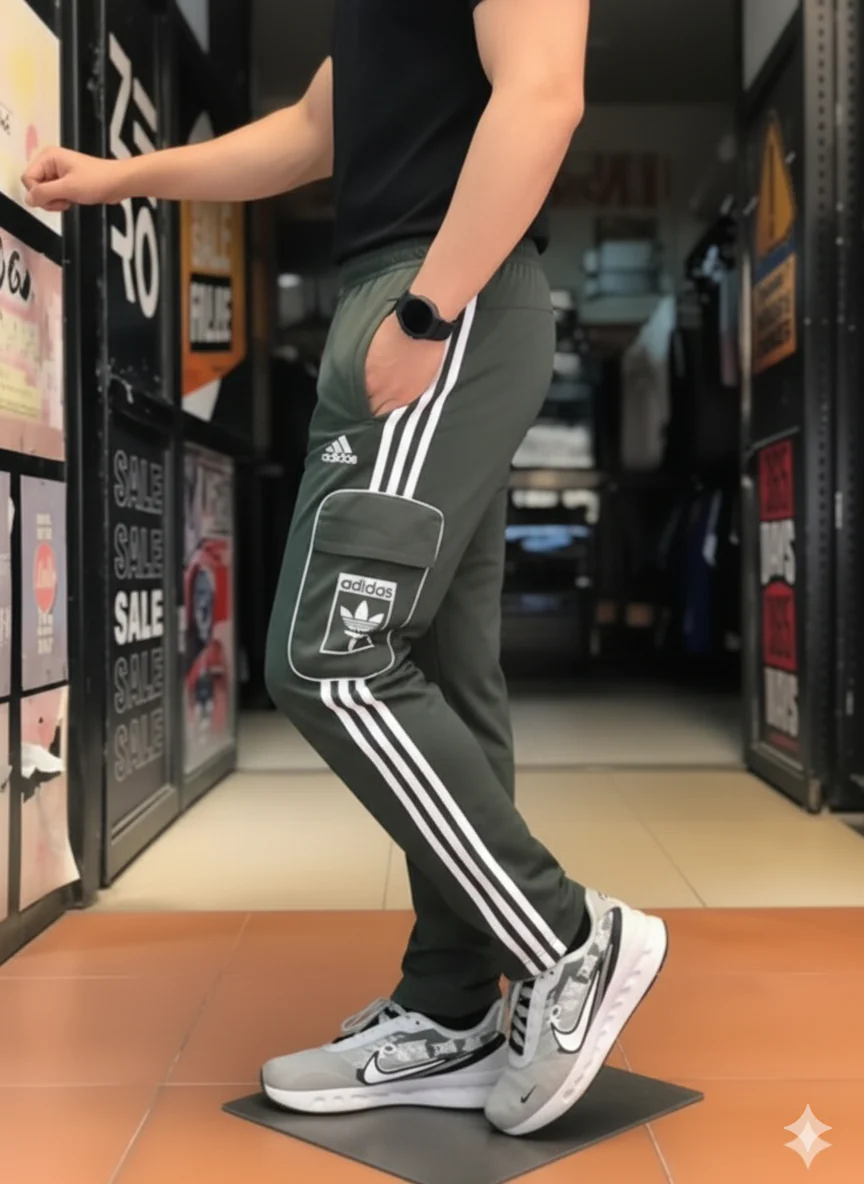 Imported ADDS Olive Green Three Tapes Men's 4 way Stretch-able Lycra Oval Pocket Cargo Trousers