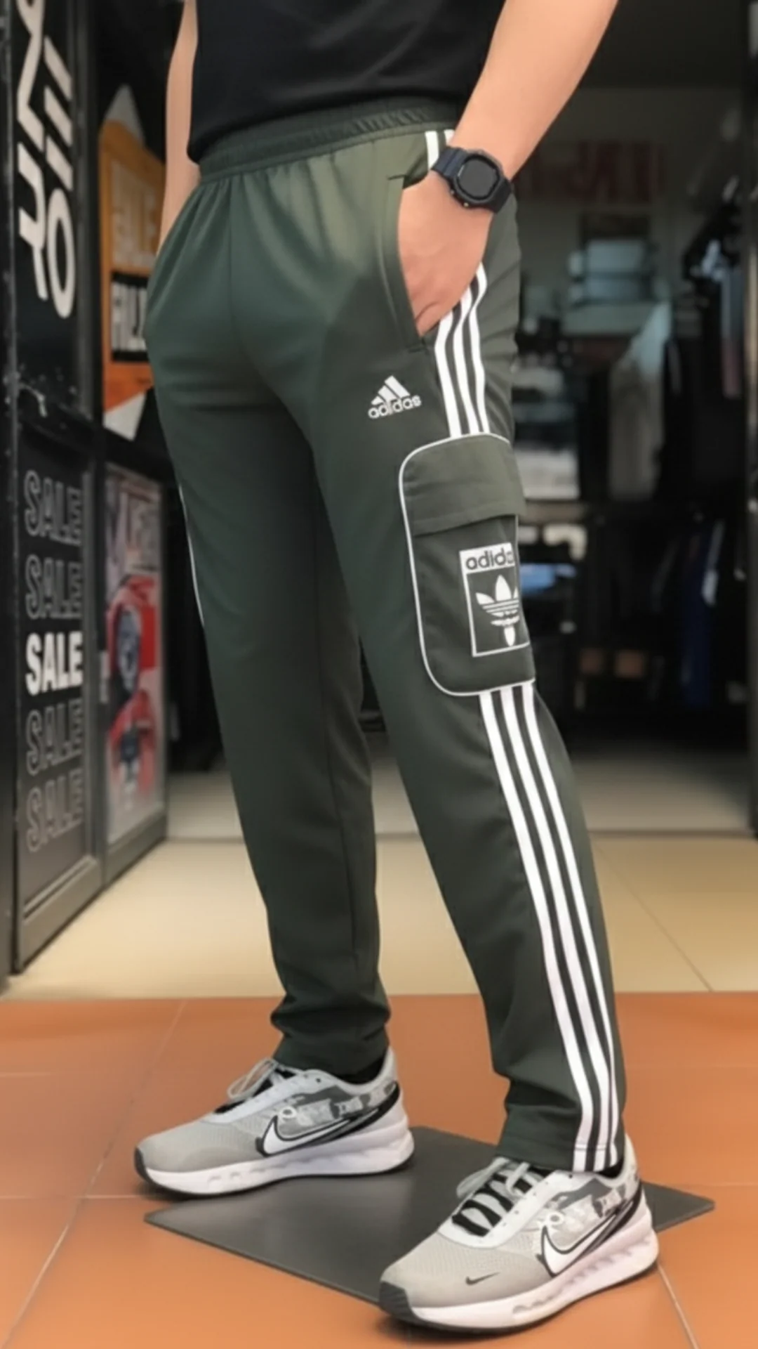 Imported ADDS Olive Green Three Tapes Men's 4 way Stretch-able Lycra Oval Pocket Cargo Trousers - Image 2